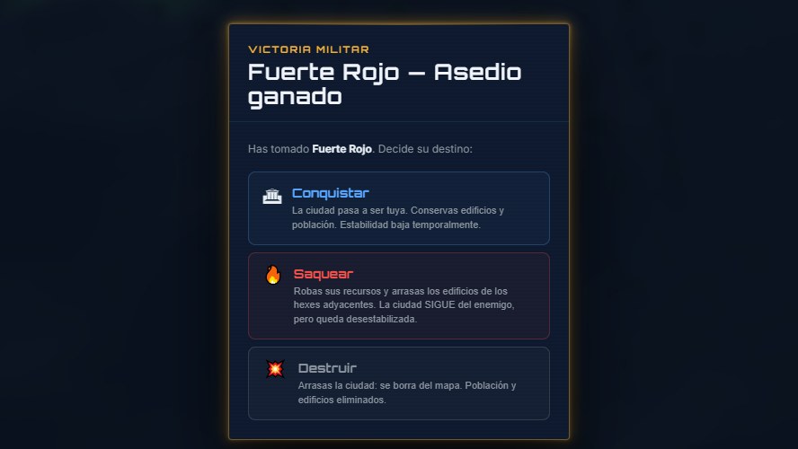 Siege won: conquer, sack or destroy
